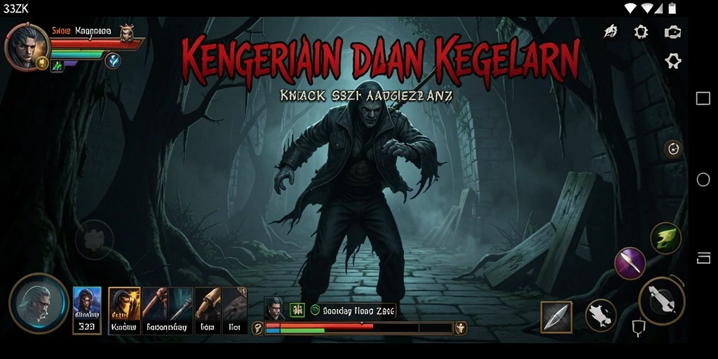 Tangkapan layar permainan 33ZK dengan suasana menyeramkan dan makhluk misterius.